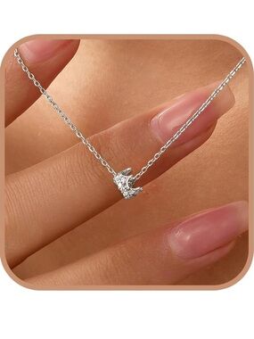 Princess Crown Charm Necklace 925 Sterling Silver Round CZ Queen Dainty Pendant